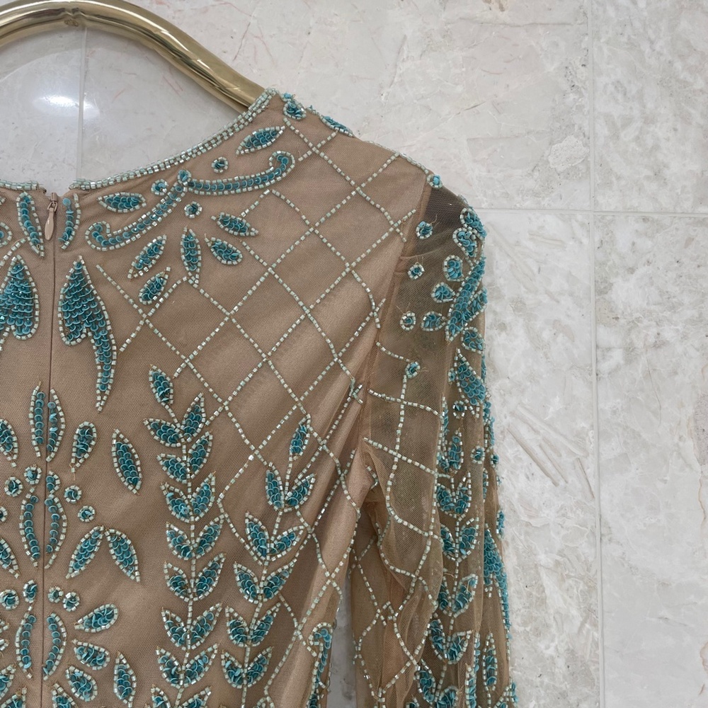 LARA {6} Dress Nude Teal Beaded Cocktail Dress Long-Sleeved - Picture 12 of 16